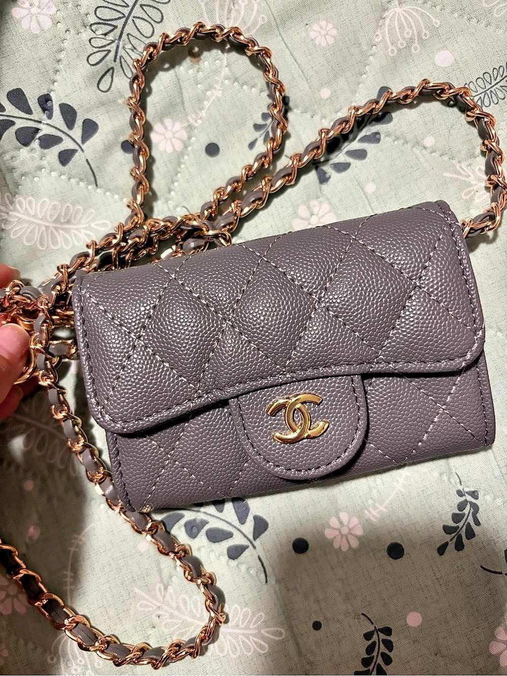 CC Quilted Flap Card Holder on Chain Gray Mini Bag. Crossbody or belt bag